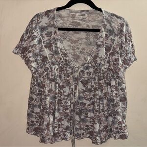 Lucky Brand Floral V-Neck Blouse - Blue and White